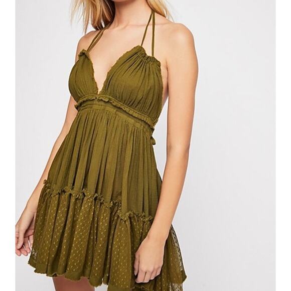 FREE PEOPLE NEW 100 Degree Dress Olive Green Halter Neck Gauze Women's M - Picture 1 of 11